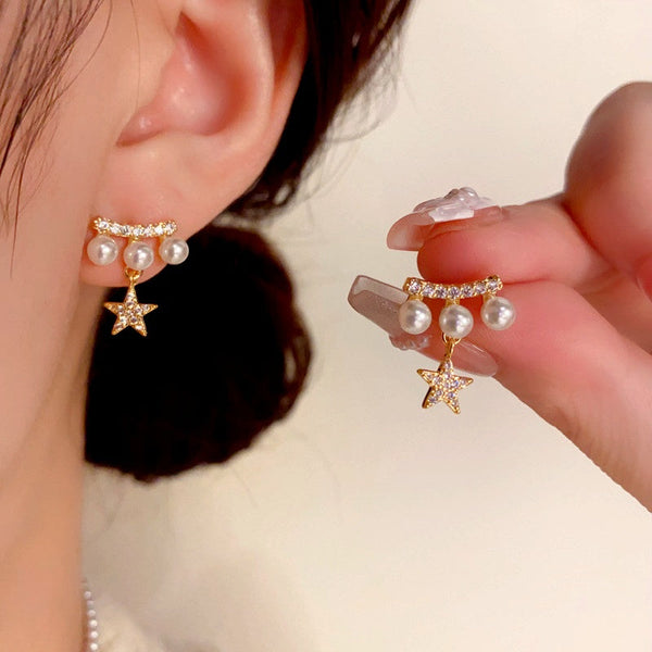 14K Gold-Plated Zircon Pearl Star Earrings