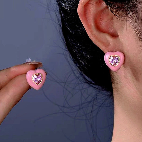 14K Gold-Plated Zircon Pink Heart Earrings