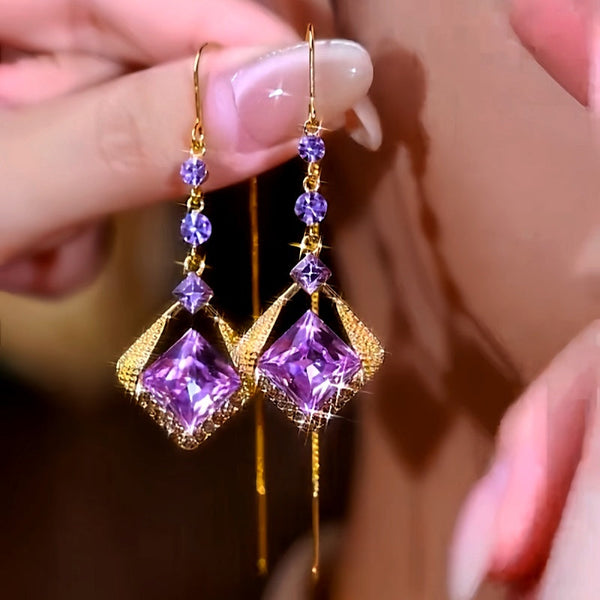 14K Gold-Plated Zircon Purple Crystal Threader Earrings