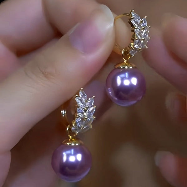 14K Gold-Plated Zircon Purple Pearl Wheat Earrings