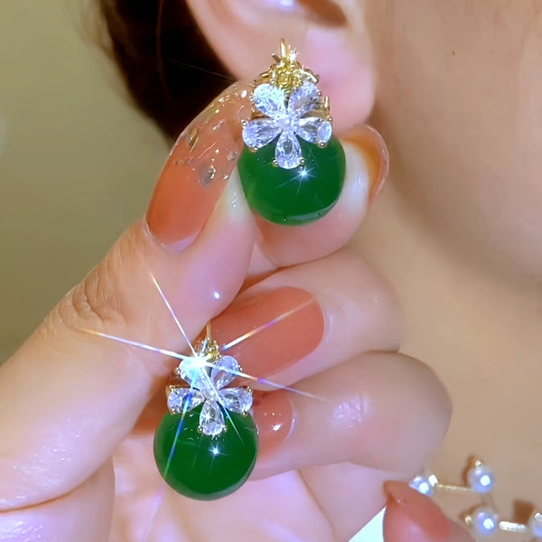 14K Gold-Plated Green Pearl Zircon Flower Earrings