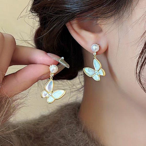 14K Gold-plated Butterfly Pearl Earrings