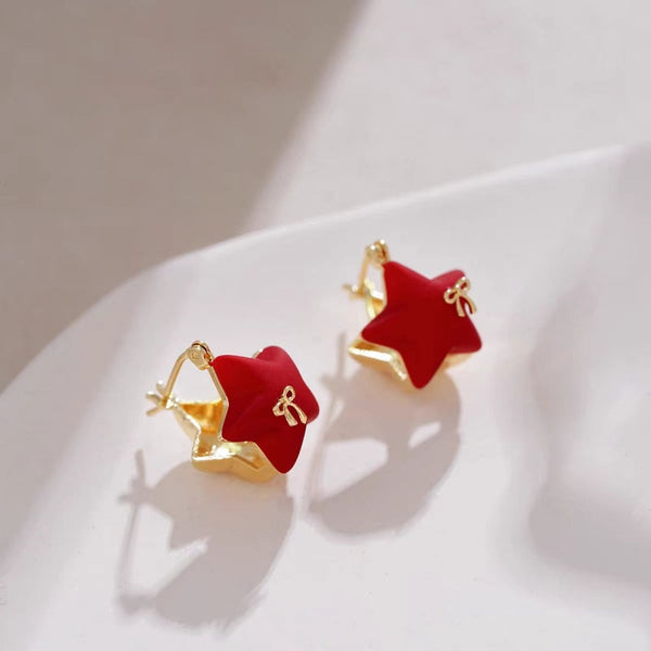 14K Gold-plated Elegant Red Star Bow Stud Earrings