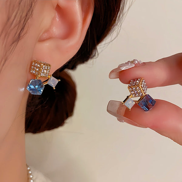 14K Gold-plated Elegant Sugar Cube Blue Crystal Stud Earrings