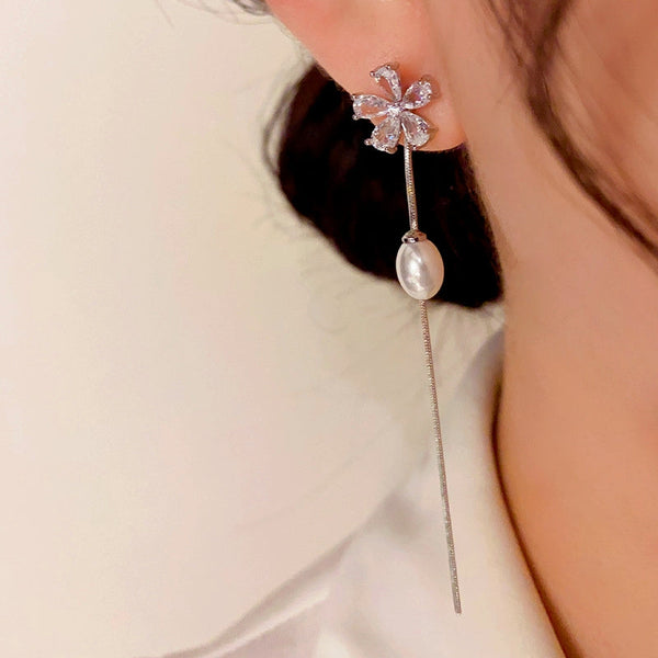 14K Gold-plated Elegant Zircon Flower Pearl Tassel Earrings