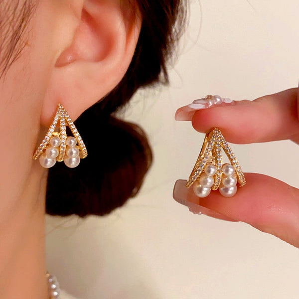 14K Gold-plated Elegant Zircon Pearl Earrings