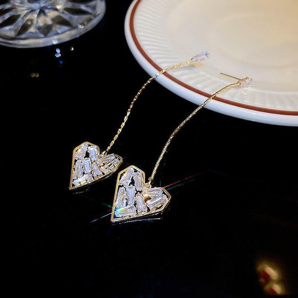 14K Gold-plated Long Zircon Love Heart Earrings