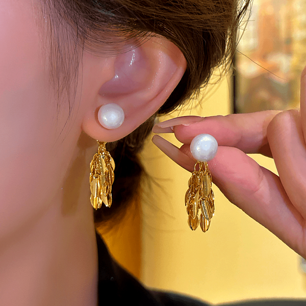 14K Gold-plated Pearl Leaf Tassel Earrings