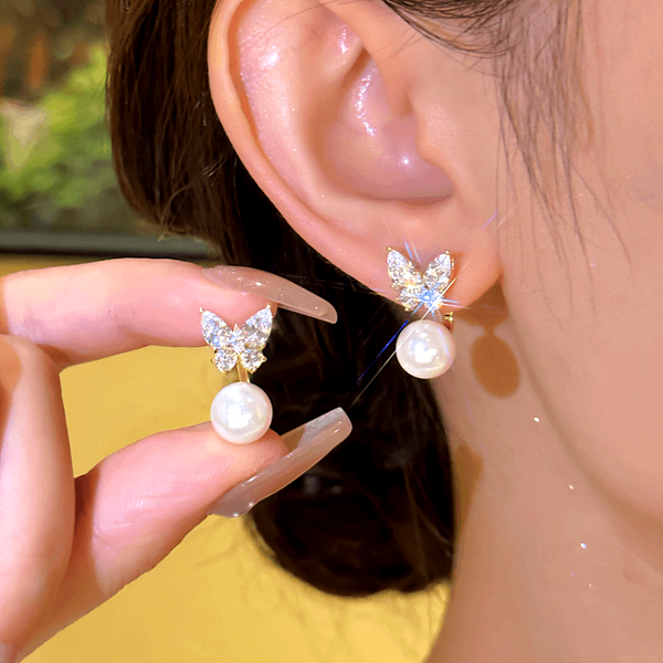 14K Gold-plated Zircon Butterfly Pearl Earrings