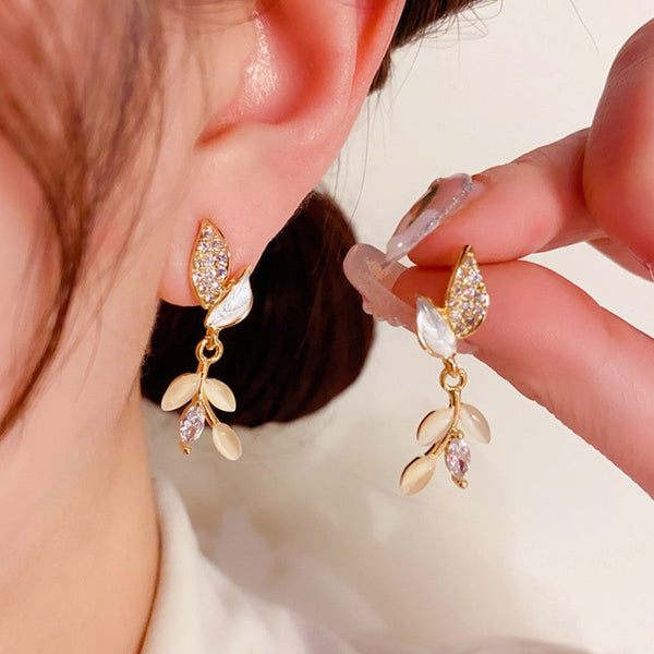 14K Gold-plated Zircon Cat's Eye Leaf Earrings