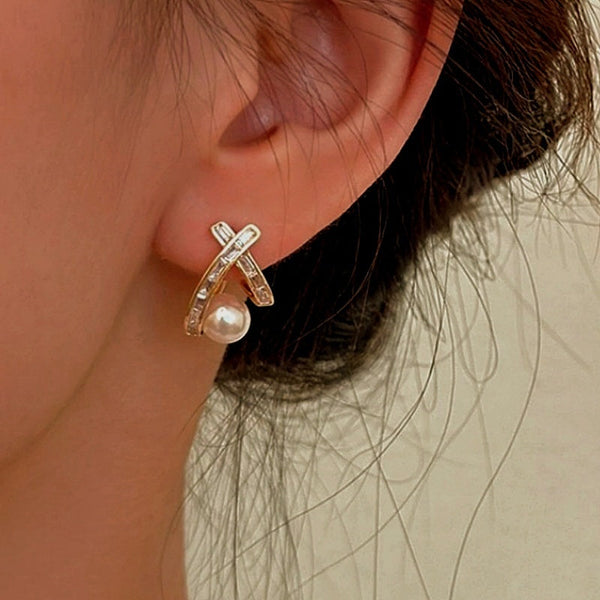 14K Gold-plated Zircon Cross Pearl Earrings