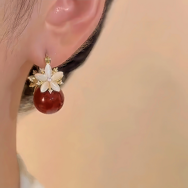 14K Gold-plated Zircon Double-Sided Flower Red Pearl Earrings