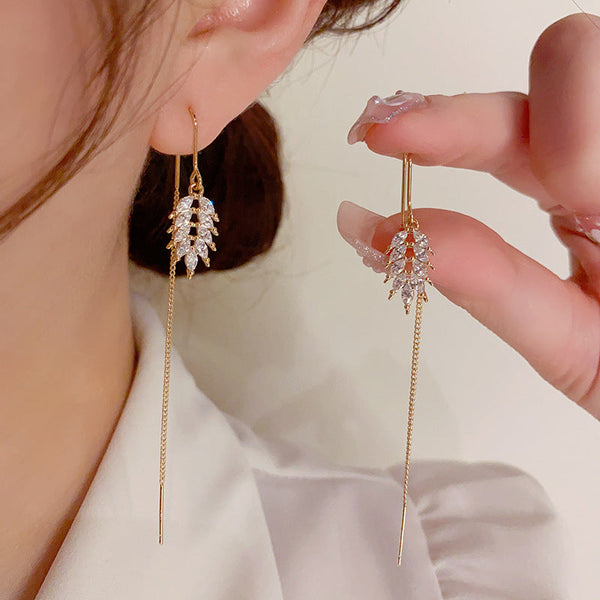 14K Gold-plated Zircon Wheat Threader Earrings