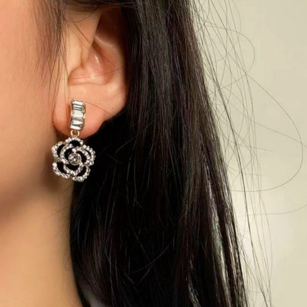 14K Gold Plated Zircon Black Camellia Earrings