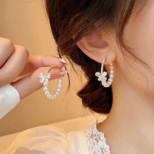 14k Gold-Plated Elegant Zircon Butterfly C-Ring Pearl Earrings