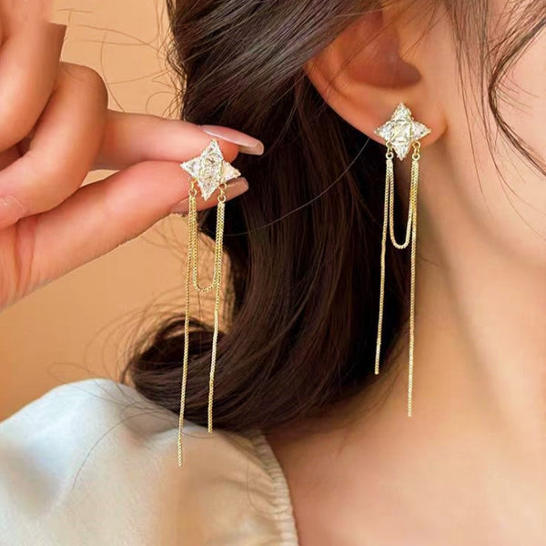 14k Gold-Plated Zircon Four-Pointed Star Long Tassel Earrings