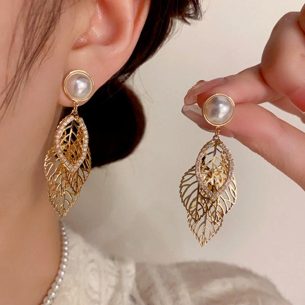 14k Gold-Plated Zircon Pearl Leaf Tassel Earrings