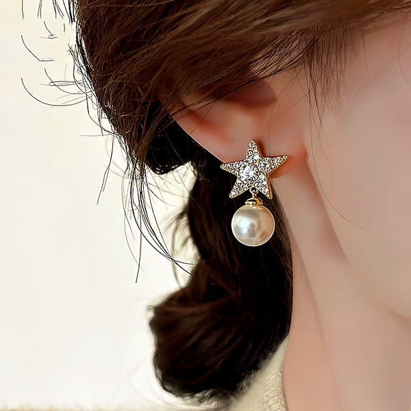 18K Gold-Plated Diamond Star Pearl Earrings