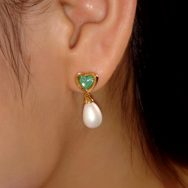 18K Gold-Plated Ice Crystal Heart Pearl Earrings