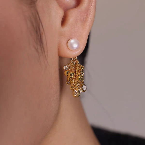 18K Gold-Plated Zircon Ball Pearl Tassel Earrings