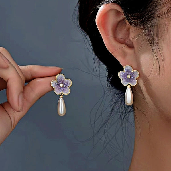 18K Gold-plated Purple Flower Pearl Earrings