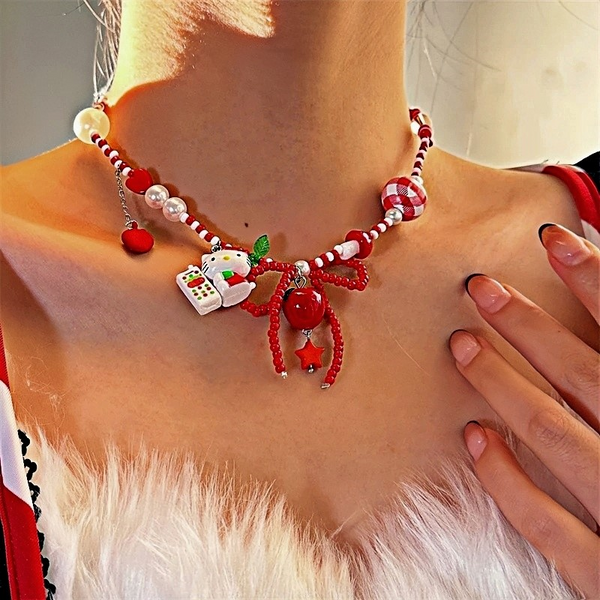 Christmas Red Bow Beaded Kt Cat Necklace