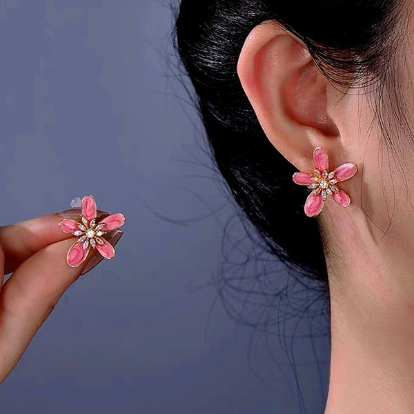 14K Gold-Plated Pink Hand-Painted Flower Earrings