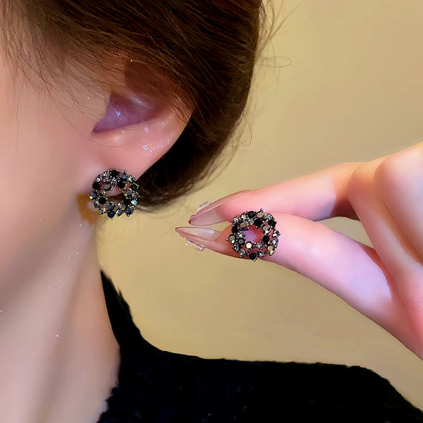 Silver Post Black Diamond Hoop Earrings