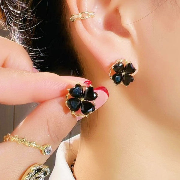 Silver Post Black Rotating Flower Stud Earrings