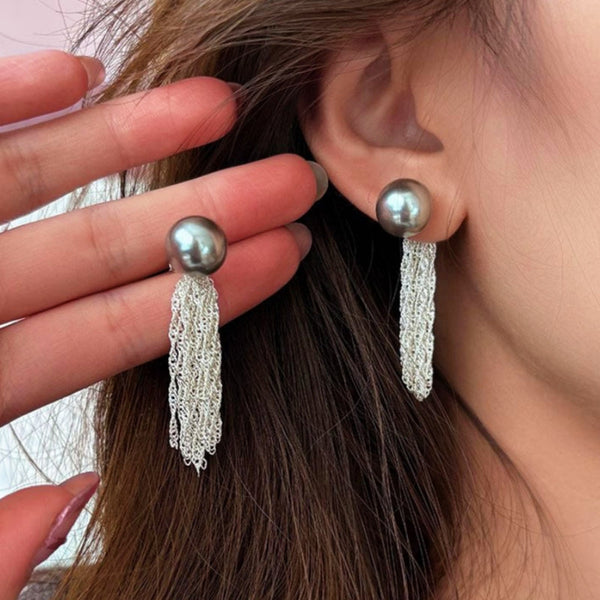 Silver Post Gray Pearl Jacket Earrings