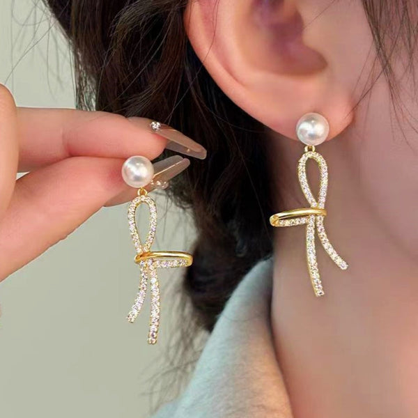 Silver Post Sparkling Zircon Bow Pearl Earrings