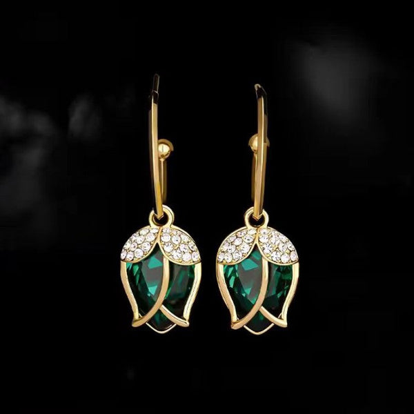 Silver Post Zircon Green Tulip Flower Earrings