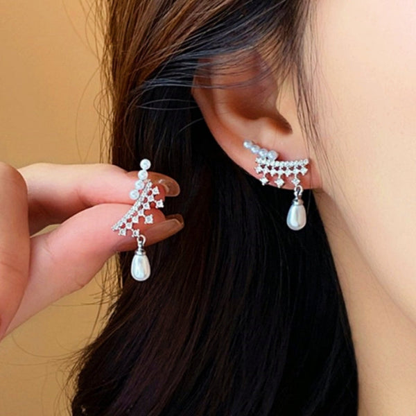 Silver Post Zircon Pearl Earrings