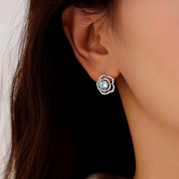 Sterling Silver Blue Zircon Camellia Stud Earrings