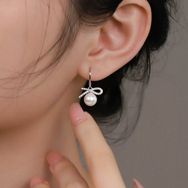 Sterling Silver Bow Artificial Pearl Earrings