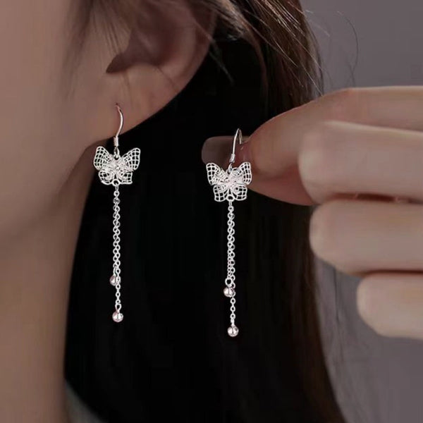 Sterling Silver Butterfly Flower Tassel Earrings