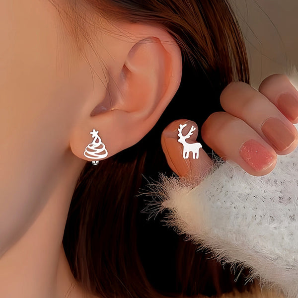 Sterling Silver Christmas Tree And Antler Asymmetrical Stud Earrings