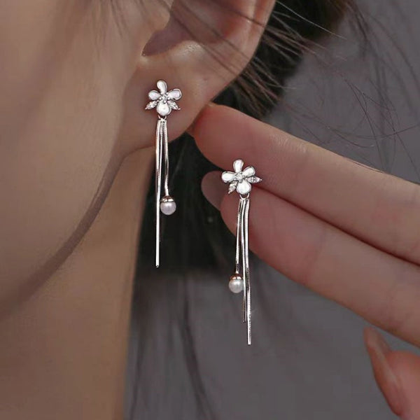 Sterling Silver Diamond Flower Pearl Earrings