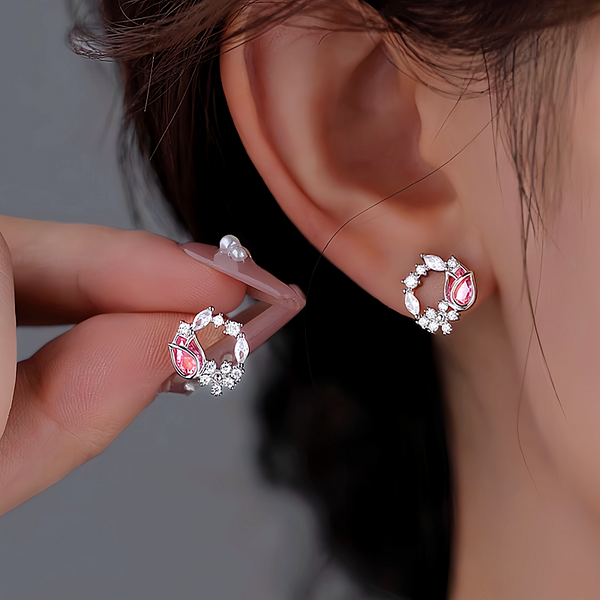 Sterling Silver Diamonds And Pink Zircon Tulip Earrings