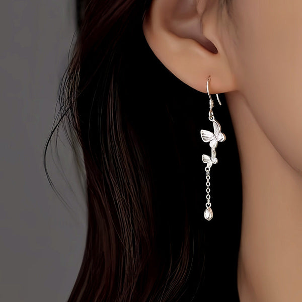 Sterling Silver Double Butterfly Ear Hook Tassel Earrings