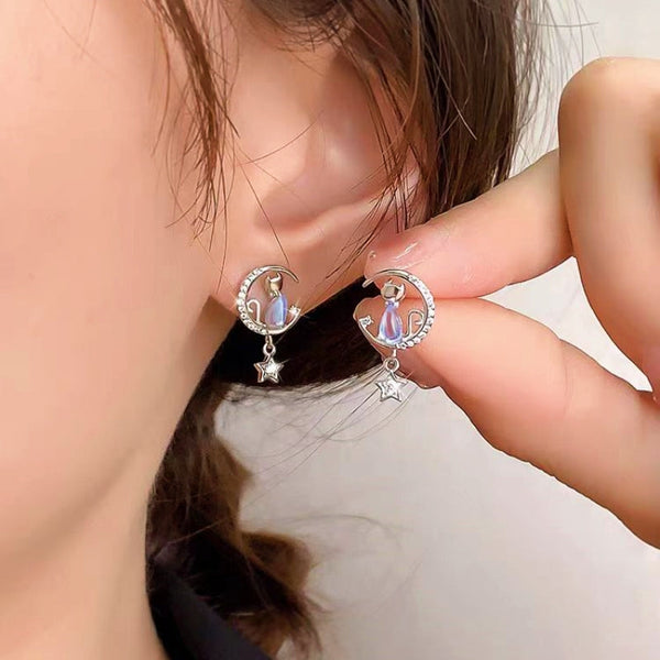 Sterling Silver Elegant Star And Moon Cat Stud Earrings