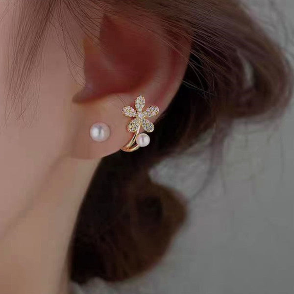 Sterling Silver Flower Pearl Stud Earrings