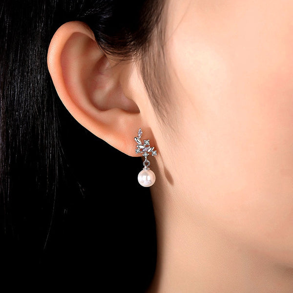 Sterling Silver Leaf Artificial Pearl Earrings