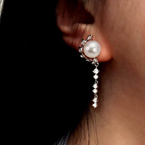 Sterling Silver Luxury Zircon Leaf Pearl Earrings