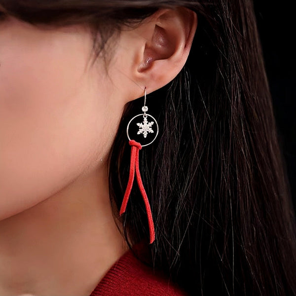 Sterling Silver Moose Snowflake Circle Red Velvet Tassel Earrings