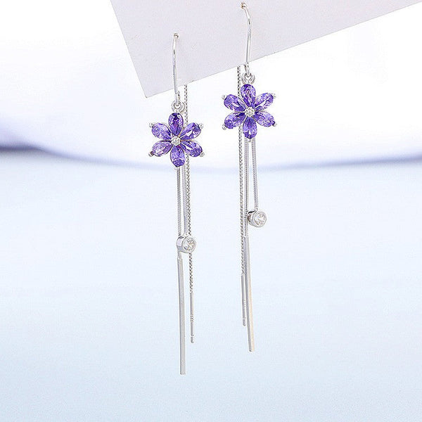 Sterling Silver Purple Zircon Flower Tassel Threader Earrings