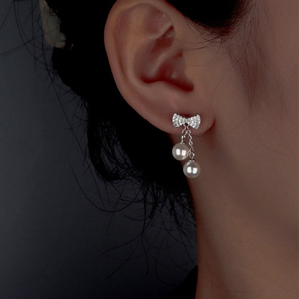 Sterling Silver Zircon Diamond Bow Pearl Tassel Earrings