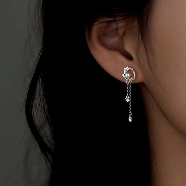 Sterling Silver Zircon Pearl Tassel Earrings