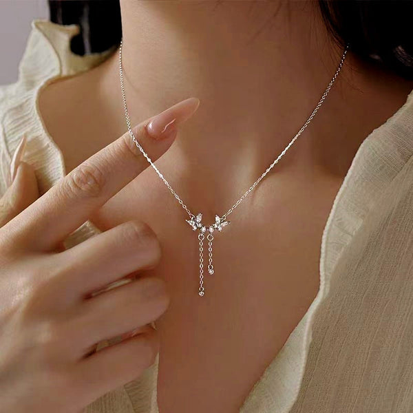 Sterling Silver Luxury Diamond Butterfly Tassel Necklaces